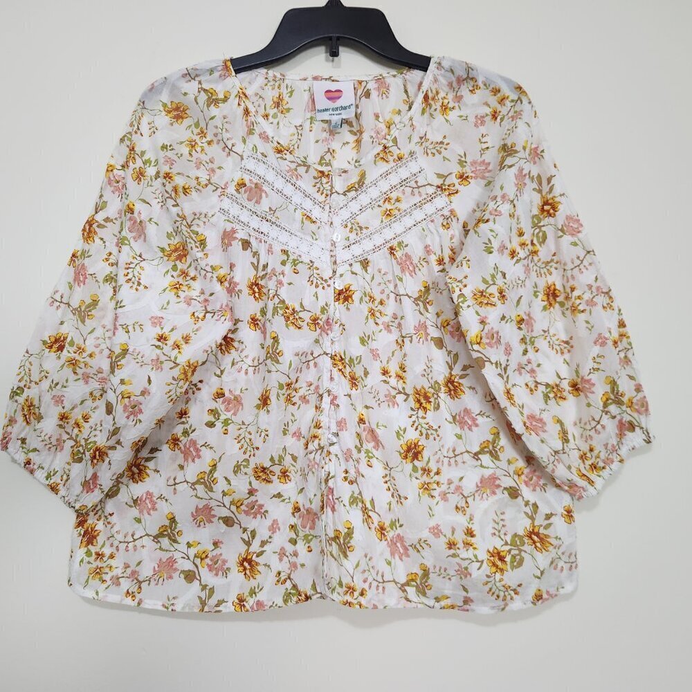 Hester & Orchard Size S Floral Multicolor Boho 3/4 Sleeve Women's Top Blouse - Picture 2 of 10